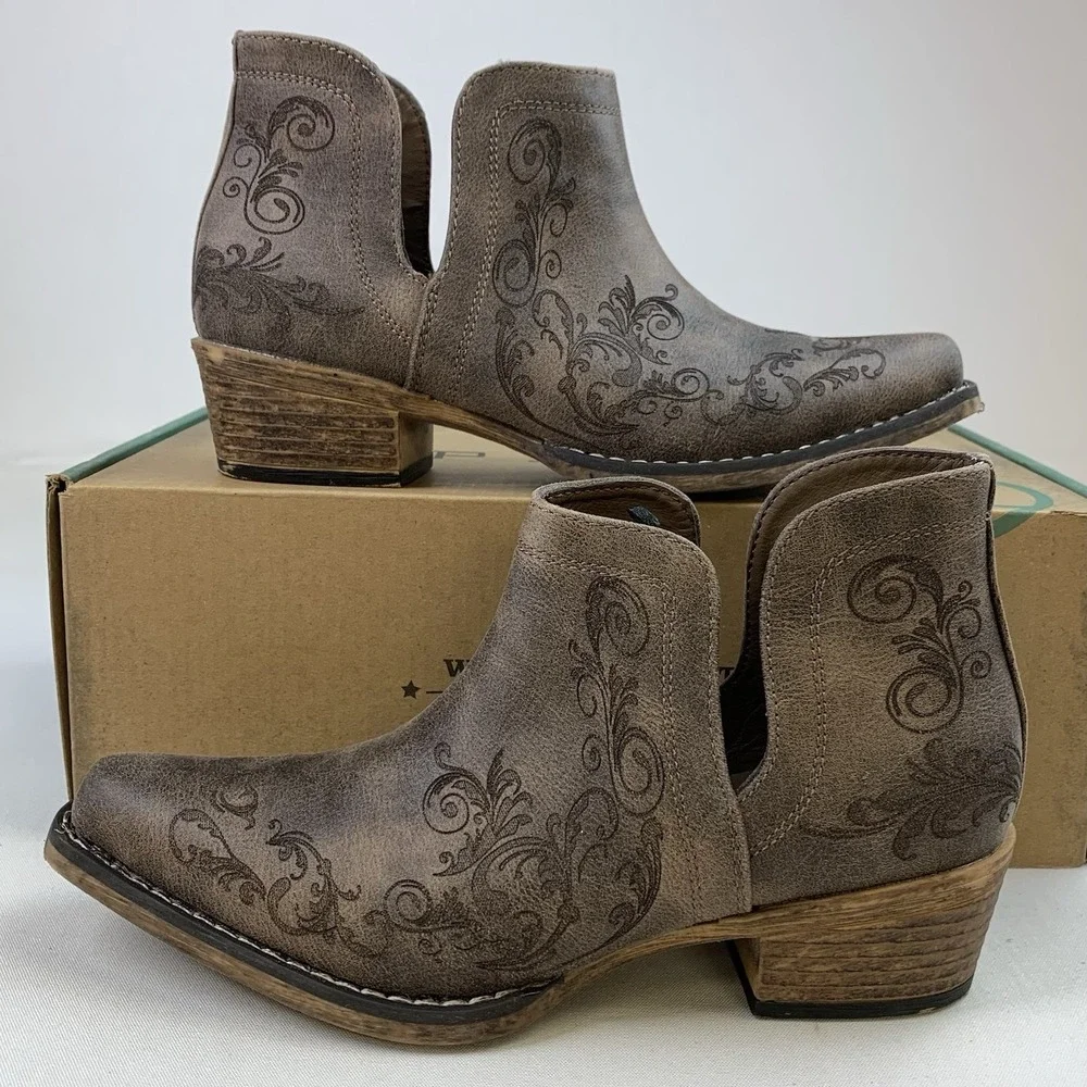 Roper Ava Embossed Snip Toe Cowboy Booties Womens Brown Casual Boots Sz 6‎